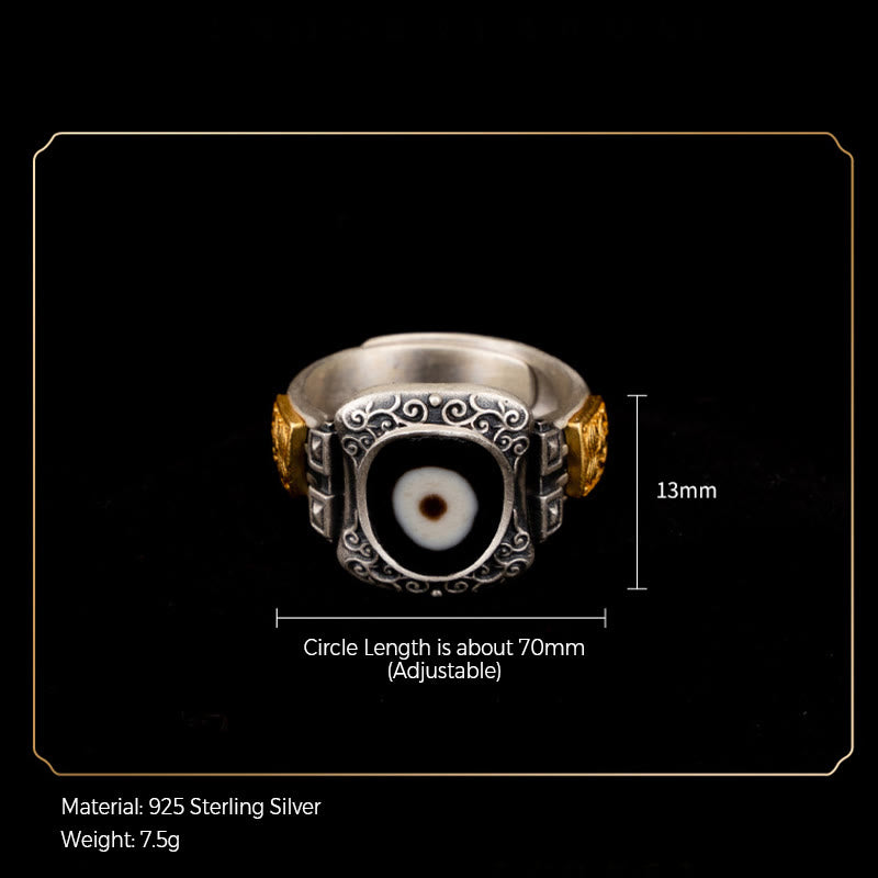 925 Sterling Silver & Gold Zakiram Dzi Bead Adjustable Ring