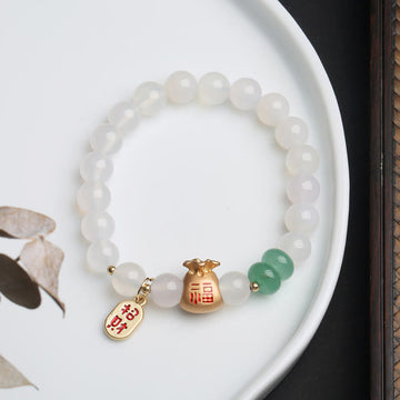 Natural White Agate Red Agate Money Bag Fu Character Four Leaf Clover Protection Bracelet