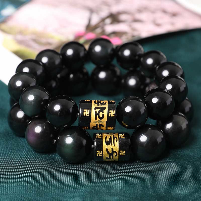 Rainbow Obsidian Om Mani Padme Hum Swastika Positive Bracelet