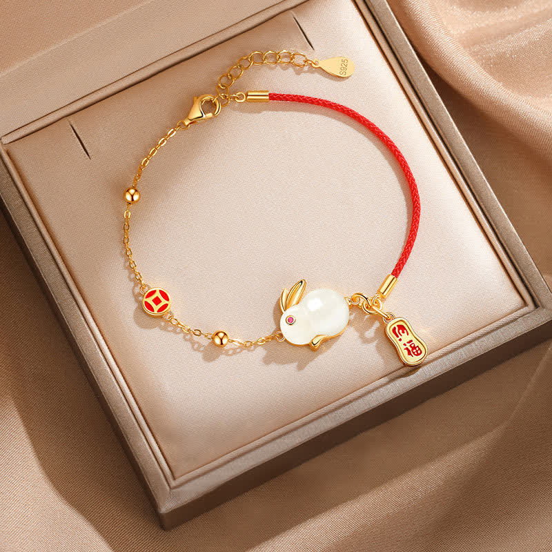 Year of the Rabbit White Jade Happiness Red String Chain Bracelet