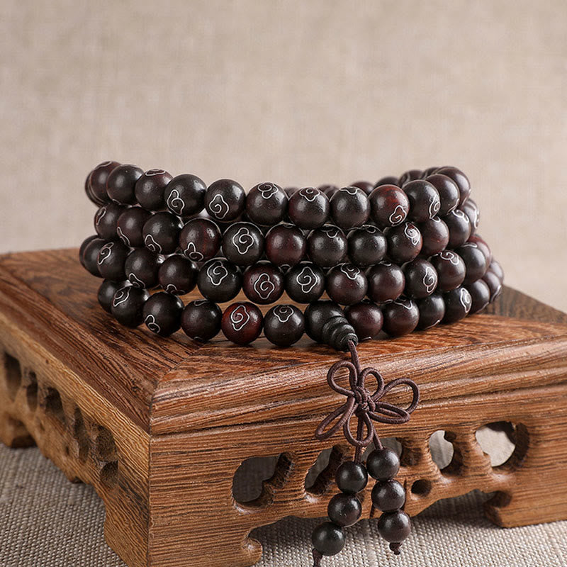 925 Sterling Silver Inlaid Small Leaf Red Sandalwood Om Mani Padme Hum Character Auspicious Clouds Protection Bracelet