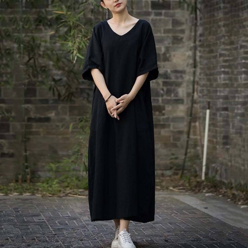 Solid Color V-Neck Half Sleeve Ramie Linen Midi Dress With Pockets