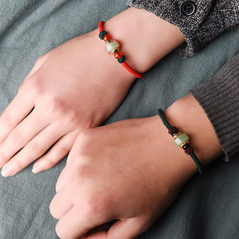 Handmade Tibetan Green Aventurine & Red Agate 14k Gold Red String Braided Bracelet