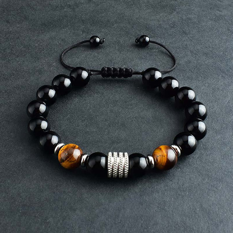 10mm Black Obsidian and Tiger Eye Beaded Bracelet with Titanium Steel