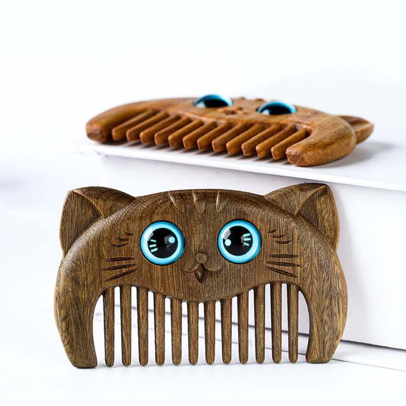 Minimalist Cat Pattern Green Sandalwood Portable Pocket Comb