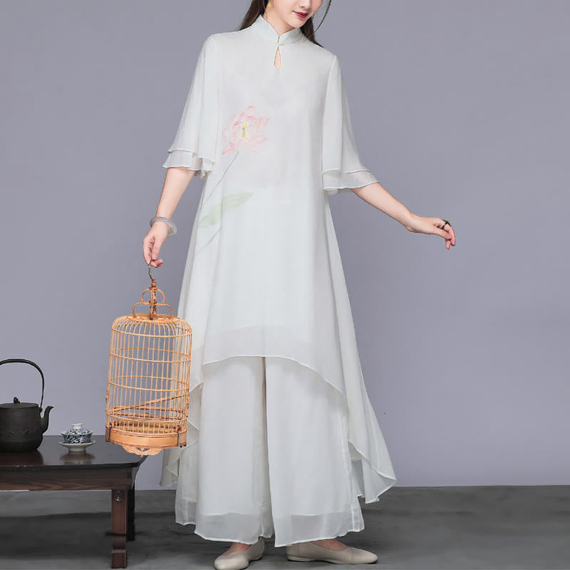 2Pcs Lotus Flower Cheongsam Midi Dress Wide Leg Pants Chiffon Zen Women's Set
