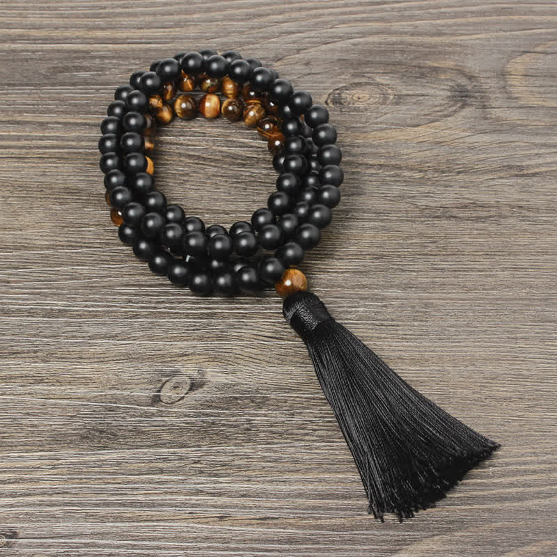 8mm Black Onyx and Tiger Eye Tassel Mala Necklace & Wrap Bracelet