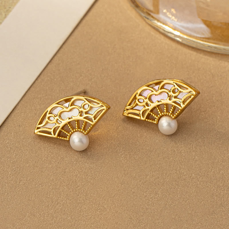 925 Sterling Silver Fan Pattern Pearl and Copper Stud Drop Earrings