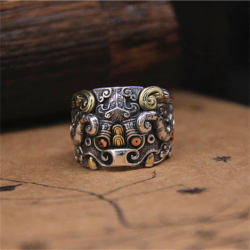 925 Sterling Silver Mythical Dragon and Kui Ox Adjustable Ring