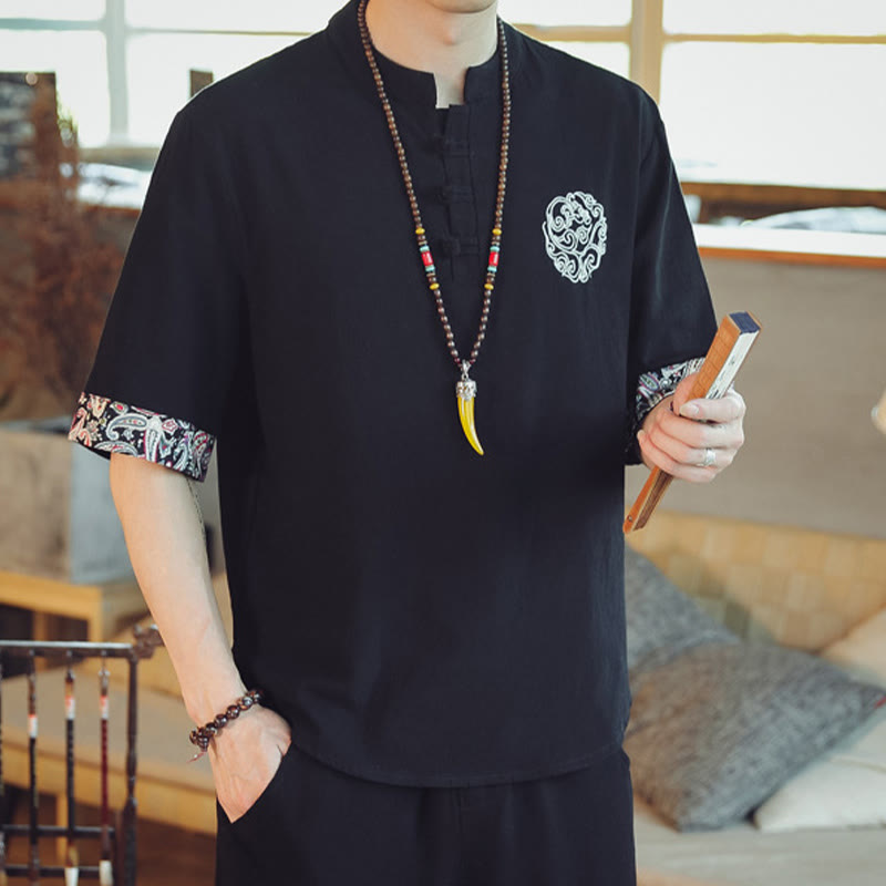 Frog-Button Dragon Embroidery Chinese Tang Suit Short Sleeve Shirt Linen Men Clothing