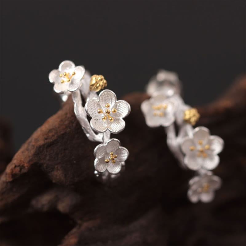 925 Sterling Silver Plum Blossom Floral Clear Quartz Earrings