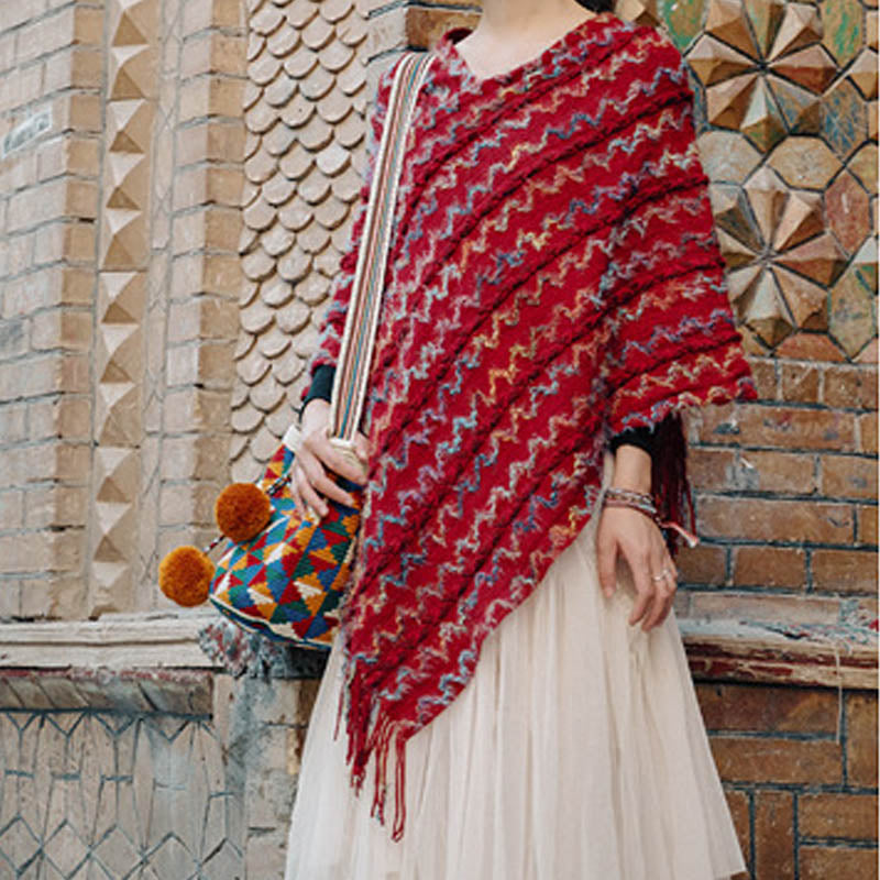 Tibetan Colorful Striped Shawl Tassels Pullover Winter Cozy Travel Scarf Wrap