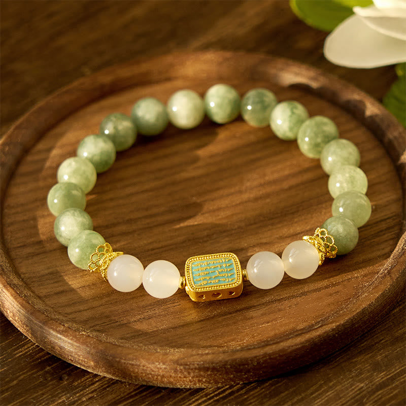 Natural Green Jade White Agate Five Scriptures Abundance Bracelet