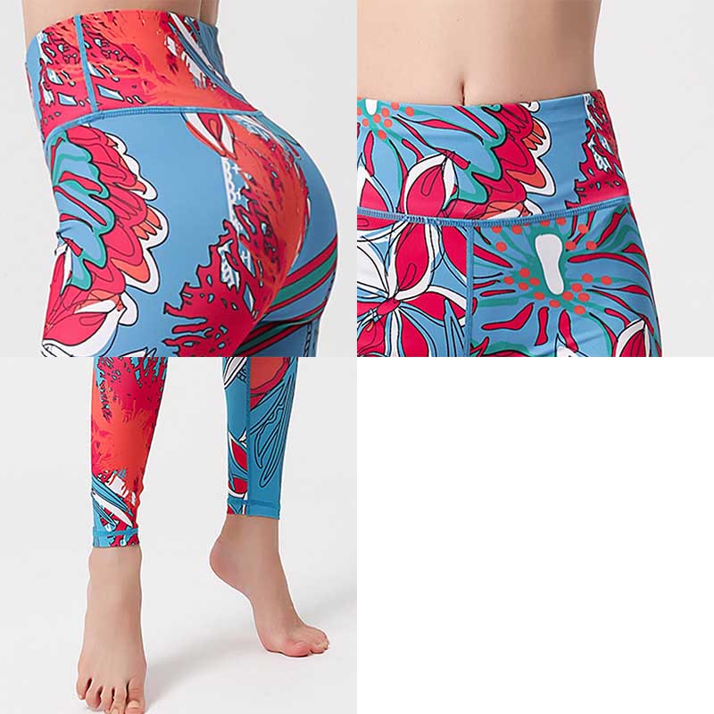 Colorful Flower Petal Leaves Print Sports Exercise Fitness High Waist Leggings Women's Yoga Pants
