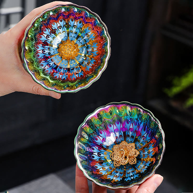Vivid Peacock Lotus Inlaid Design Colorful Chinese Jianzhan Ceramic Teacup Kung Fu Tea Cup