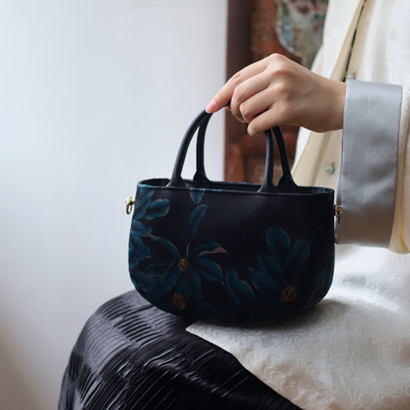 Vintage Flower Peony Metal Chain Zipper Handbag Crossbody Bag Shoulder Bag