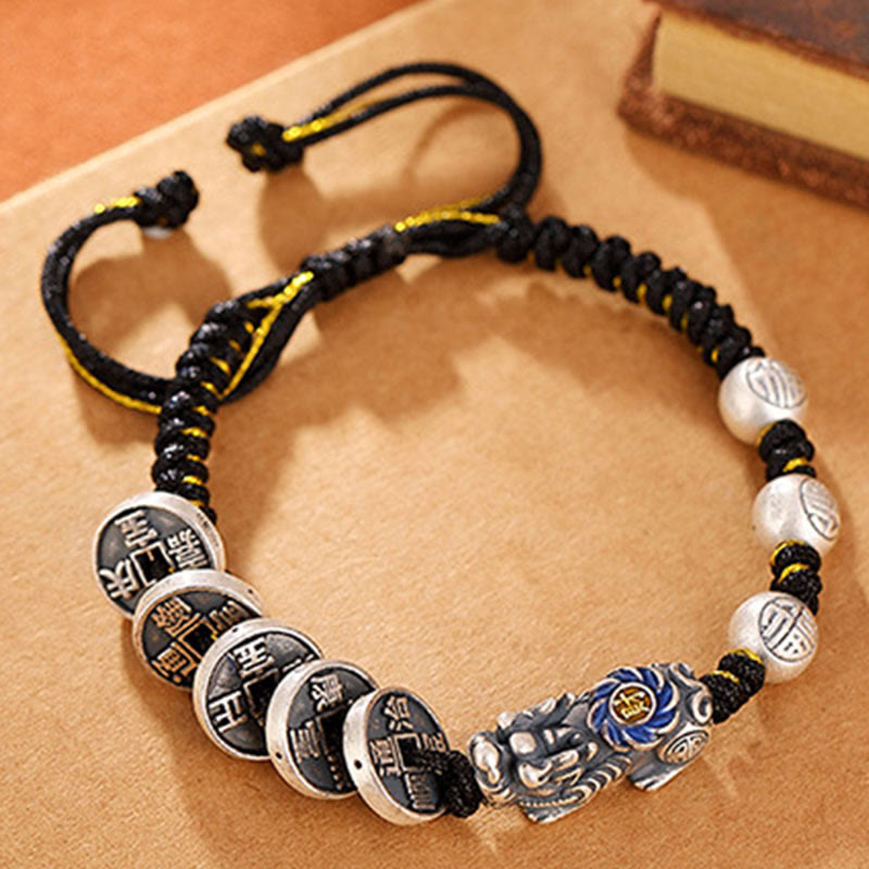 Handmade 999 Fine Silver Pixiu and Copper Coin Fu Character Braided Bracelet