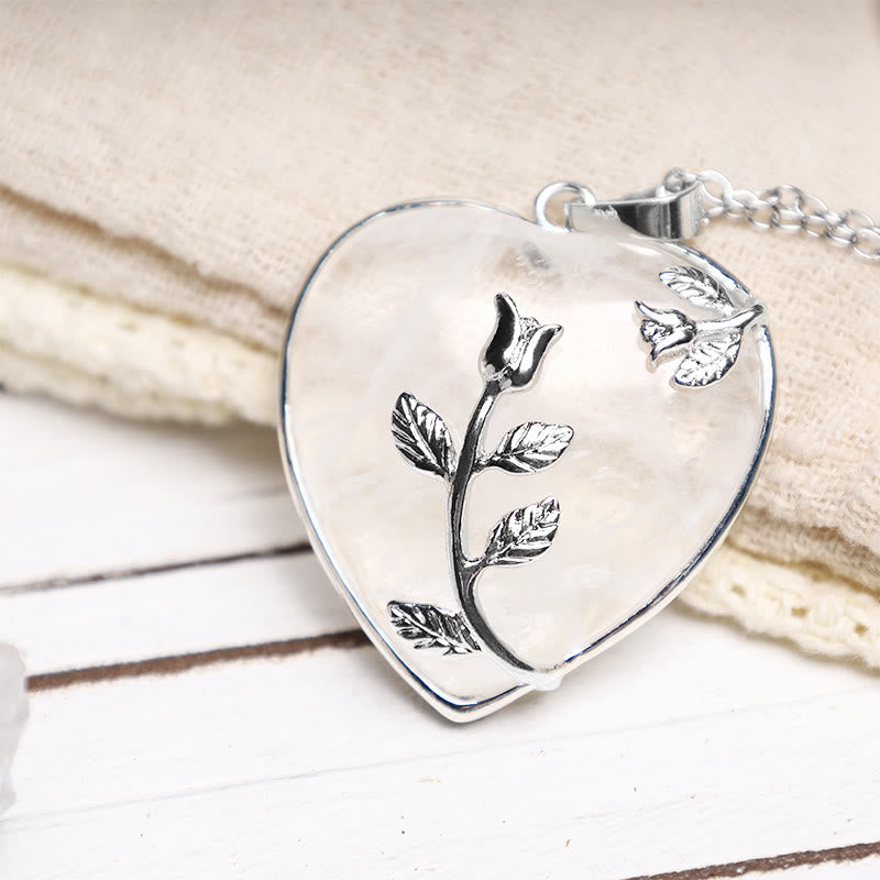 White Crystal Heart Rose Pendant Necklace