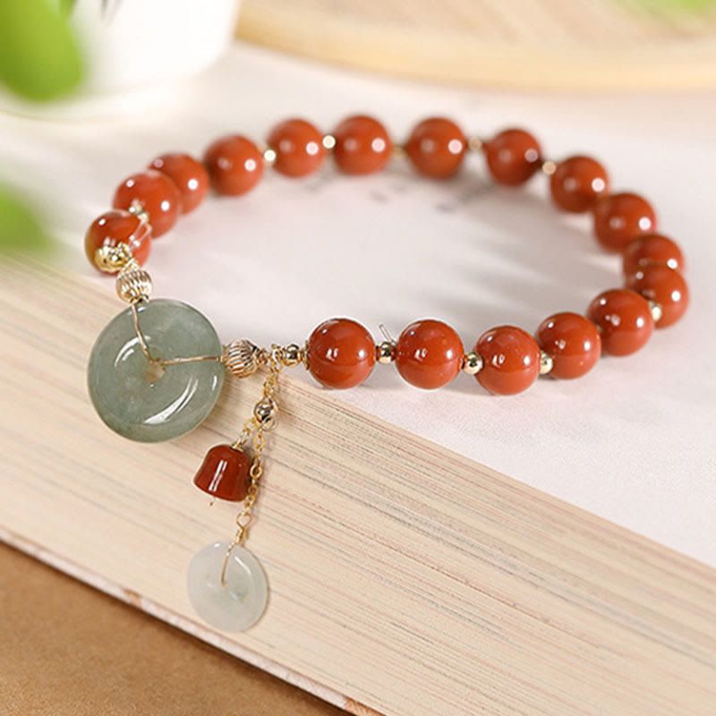 14k Gold Filled Jade & Red Agate Ping An Kou Wu Lou Chinese Coin Charm Bracelet