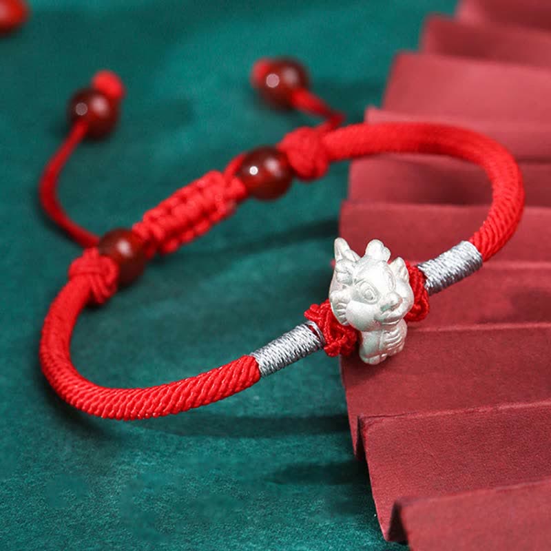 Handcrafted 999 Fine Silver Chinese Zodiac Red String Adjustable Bracelet