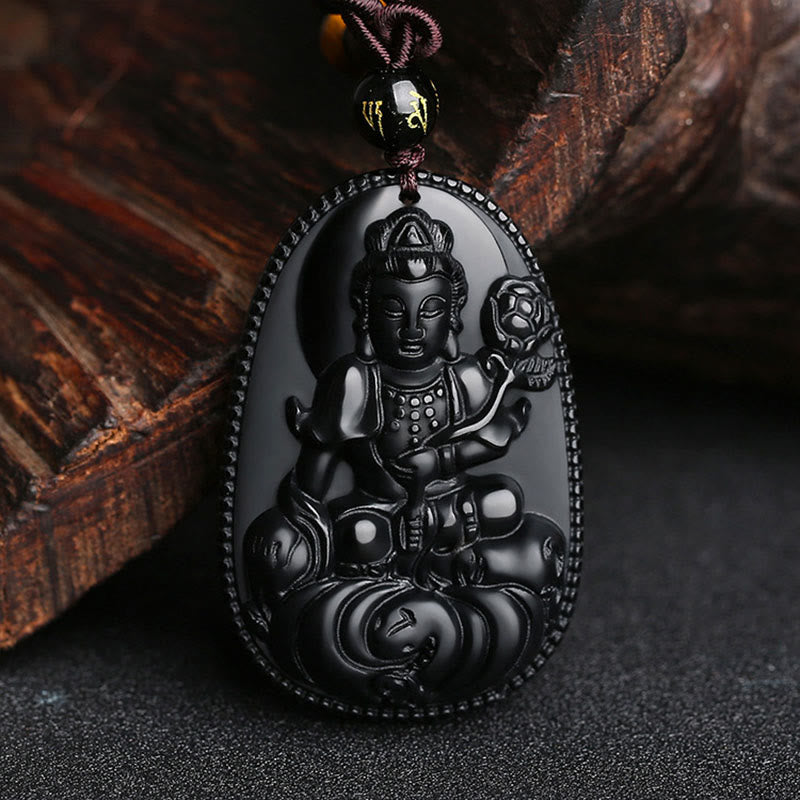 Chinese Zodiac Natal Buddha Natural Black Obsidian Purification Necklace Pendant