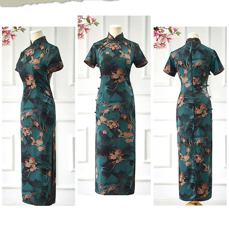 Vintage Pink Flowers Print Cheongsam Dress Women's Qipao Dress