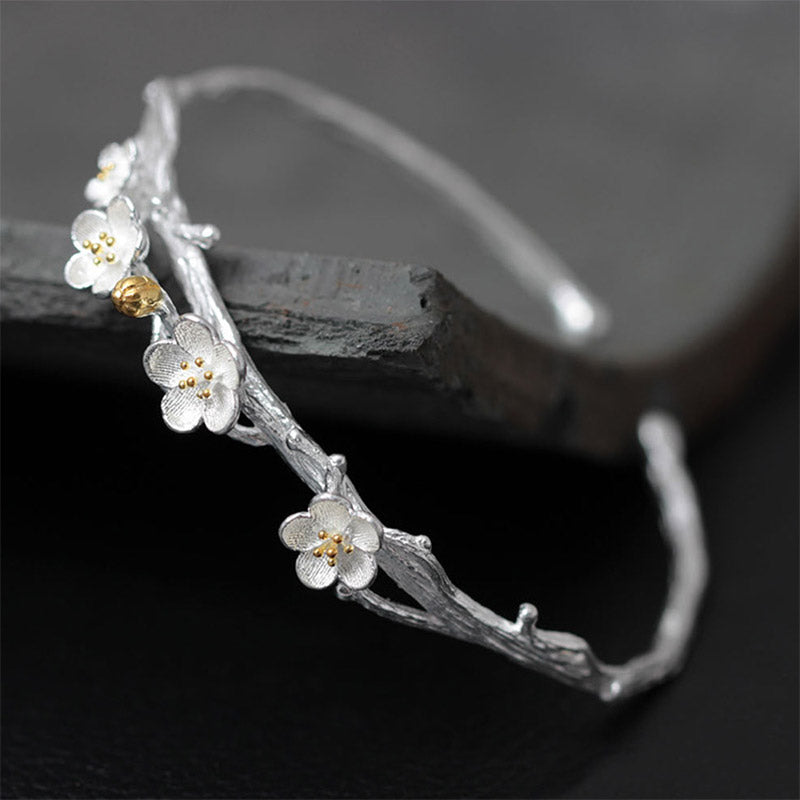 925 Sterling Silver Plum Flower Blessing Bracelet Adjustable Bangle