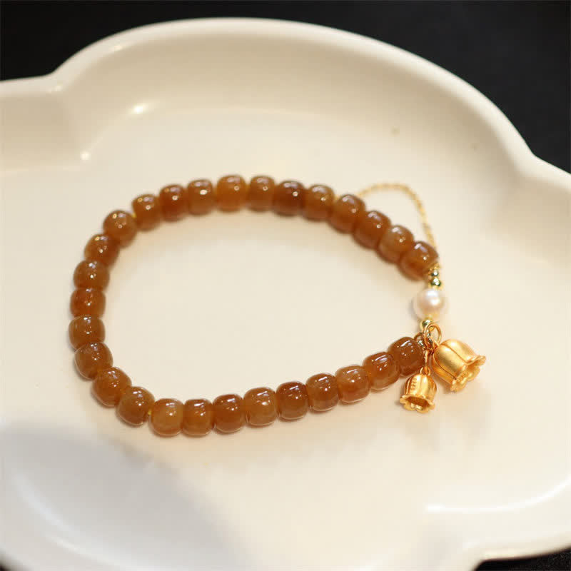 Natural Hetian Jade and Pearl Lily of the Valley 925 Sterling Silver Gold Plated Charm Bracelet