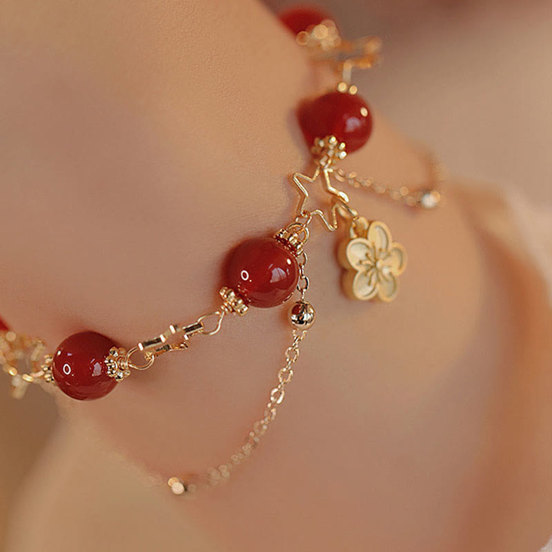 14k Gold Plated Red Agate Star Flower Charm Calm Bracelet