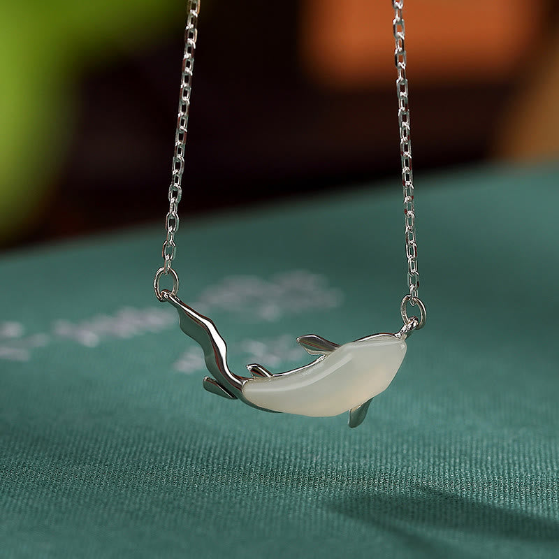 925 Sterling Silver White Jade Dolphin Luck Necklace Pendant