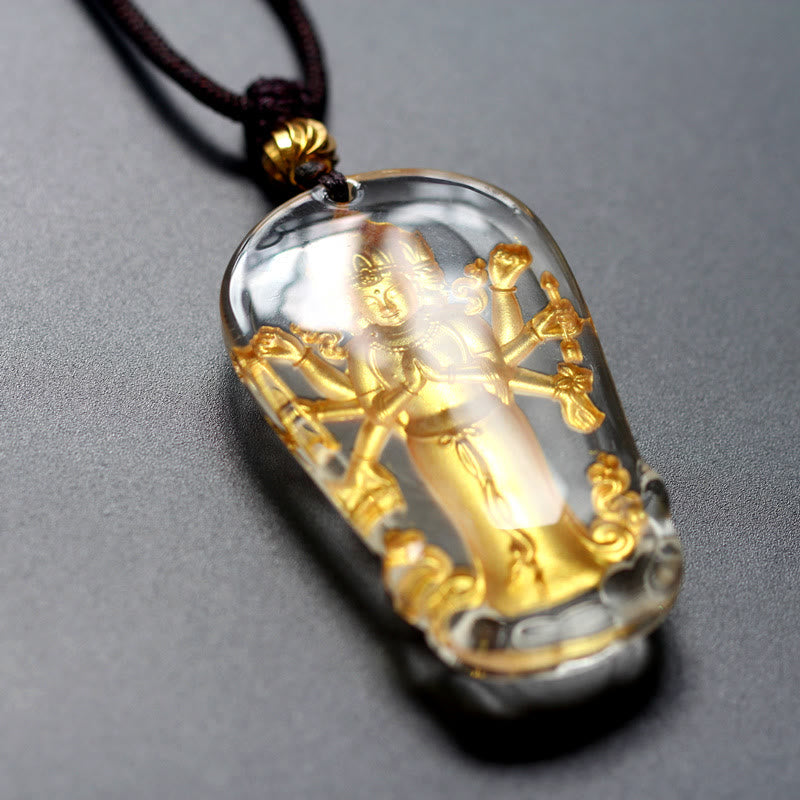 Tibetan Eight-armed Avalokitesvara Guanyin Buddha Gold Plated Liuli Crystal Wealth Necklace Pendant