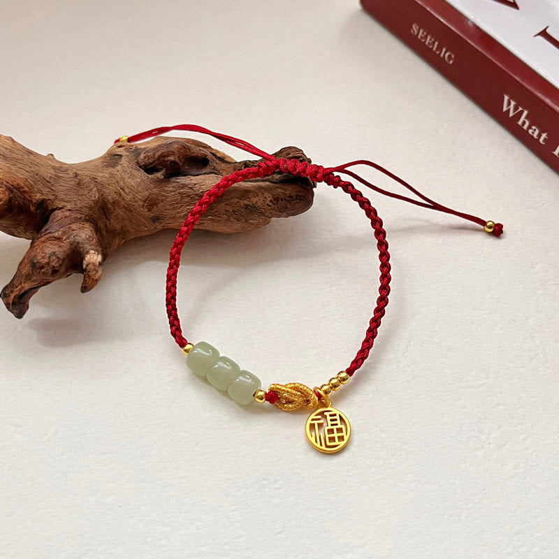Handcrafted Jade Bead Fu Character Charm Luck Red Rope Bracelet
