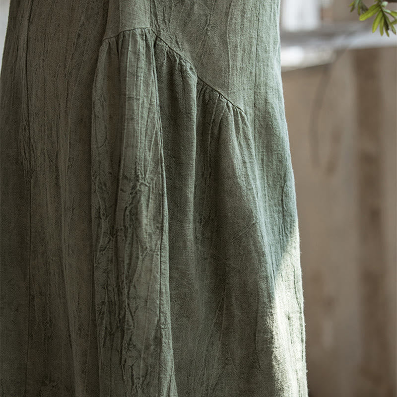 Handmade Tie Dye V-Neck Midi Dress Linen Short Sleeve Dress
