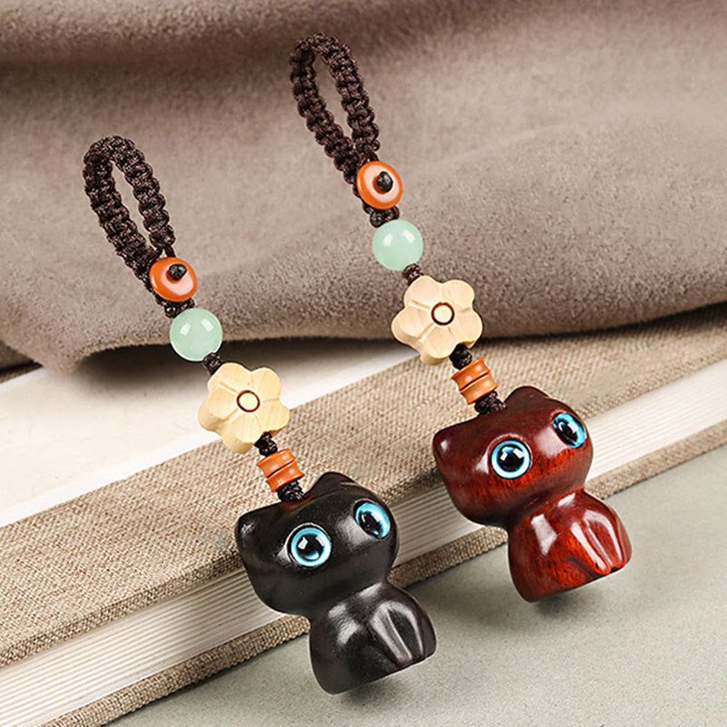 Hand-Carved Lucky Cat Wood Charm with Green Aventurine, Boxwood & Olive Wood Phone Keychain