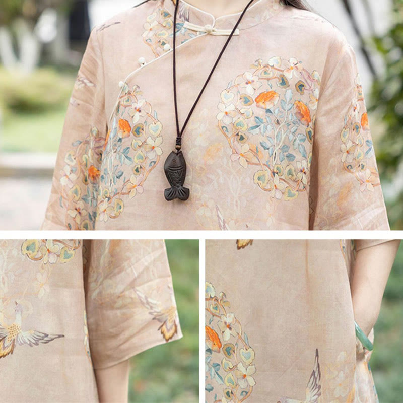 Orange Flower Bird Print Cheongsam Midi Dress Cotton Linen Half Sleeve Dress With Pockets