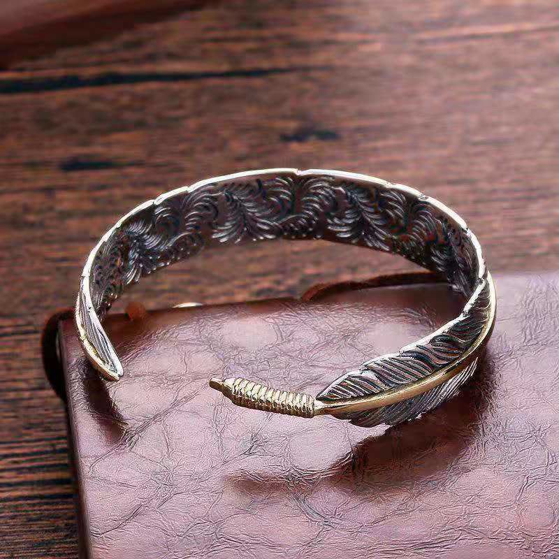 Feather Pattern Carved Luck Wealth Cuff Bracelet Bangle