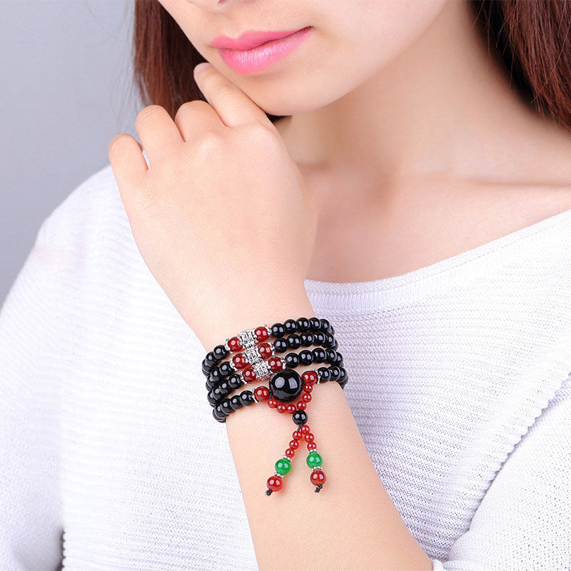 108 Beads Natural Black Obsidian Tiger Eye Mala Bracelet