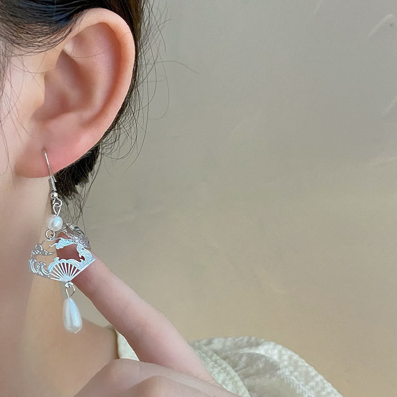 Copper Fan Auspicious Clouds Pearl Healing Drop Earrings