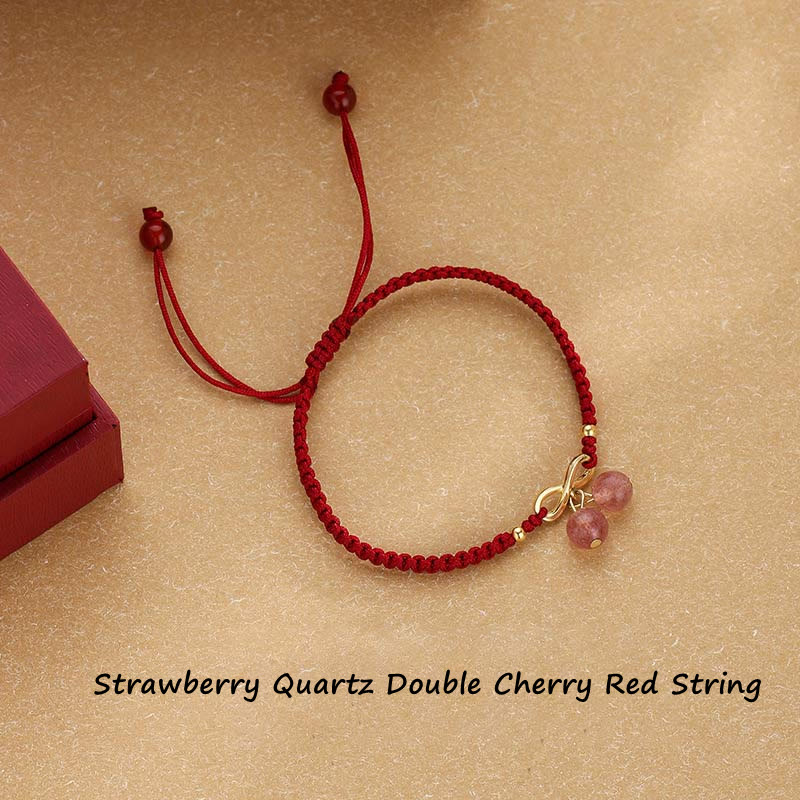 Adjustable Strawberry Quartz Crystal, Copper & Endless Knot Red String Woven Bracelet