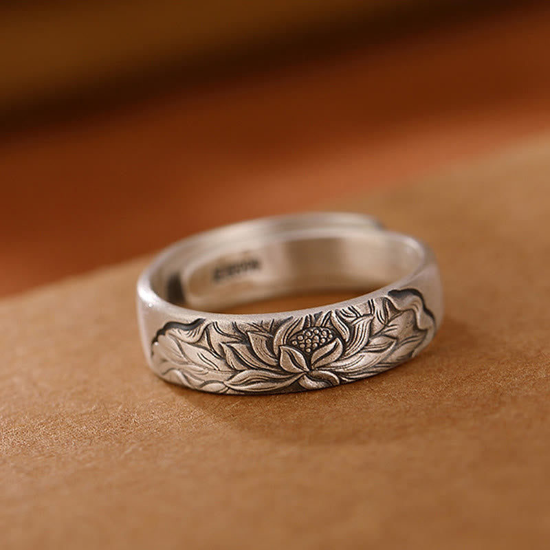 999 Sterling Silver Lotus Flower Plum Blossom Auspicious Clouds Engraved Enlightenment Ring