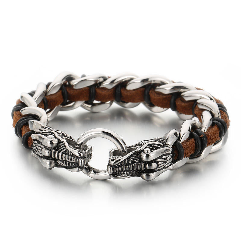 Masculine Dragon Braided Leather and Titanium Steel Bracelet