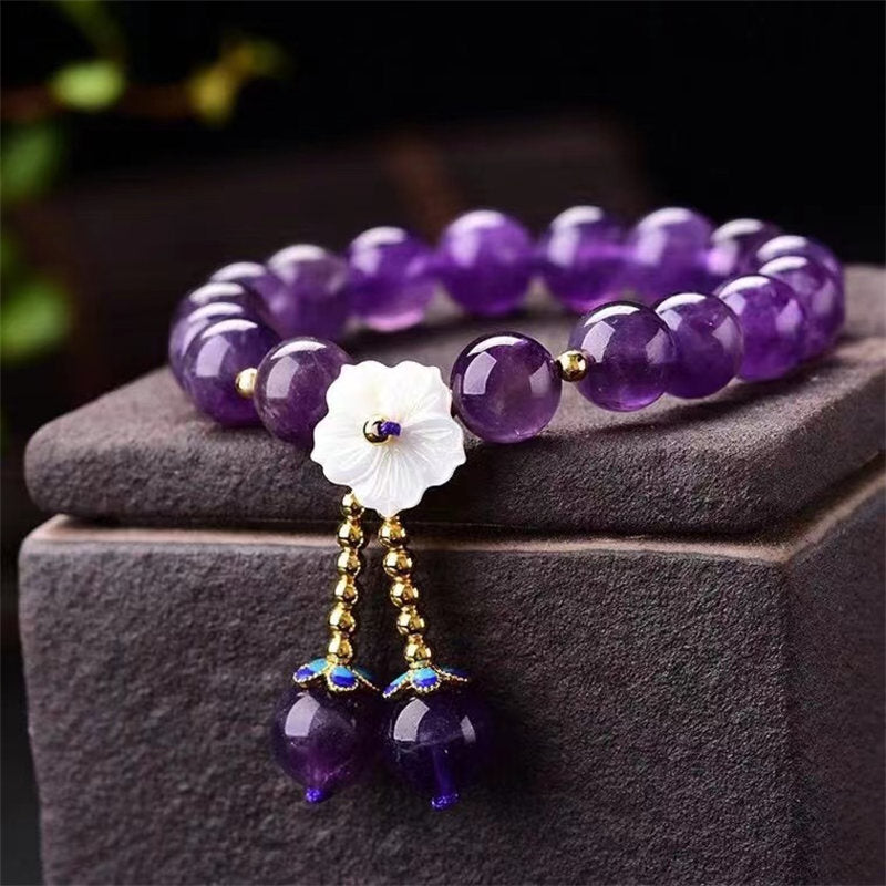 Natural Amethyst Crystal Flower Beaded Bracelet