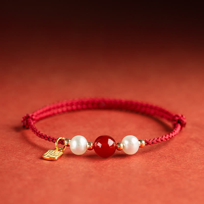925 Sterling Silver Fu Prosperity Charm Agate Pearl Red String Braided Bracelet