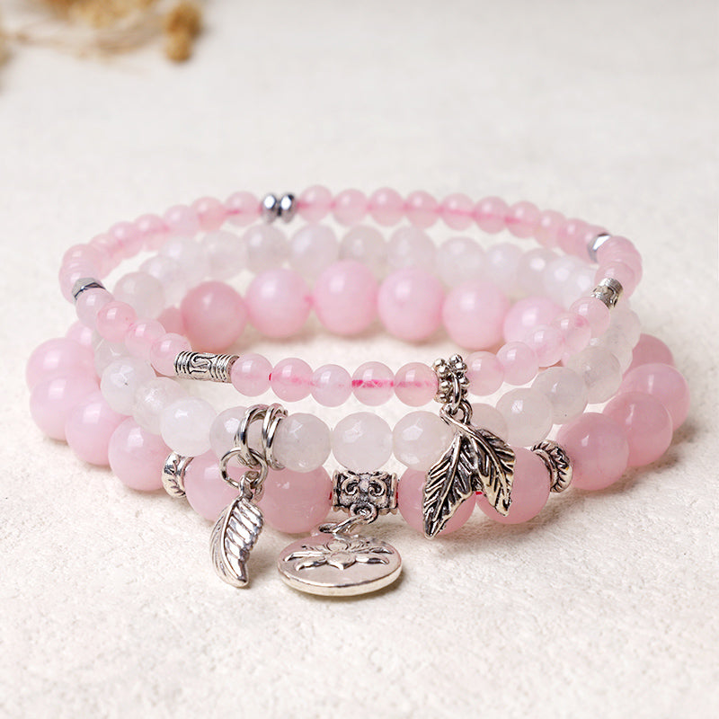 3PCS Natural Gemstone Beaded Lotus Charm Bracelet Set