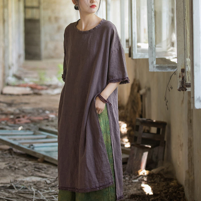 Mid Length Dress Ramie Linen Half Sleeve Split Hem Top T-Shirt