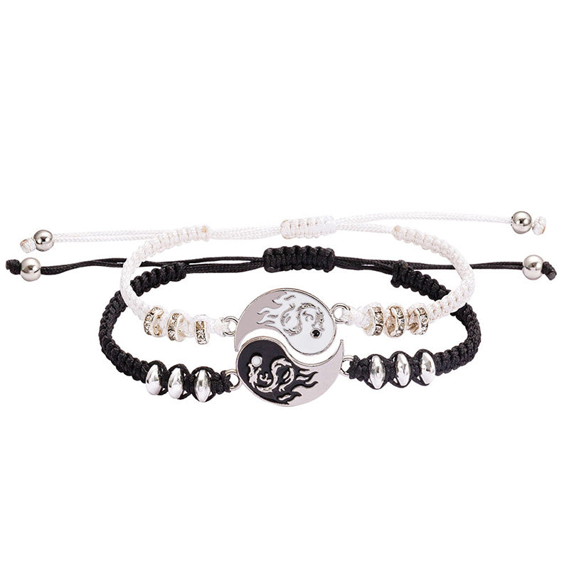 Handmade Yin Yang Dragon Couple Bracelet Set - 2pcs Adjustable Relationship Anchors