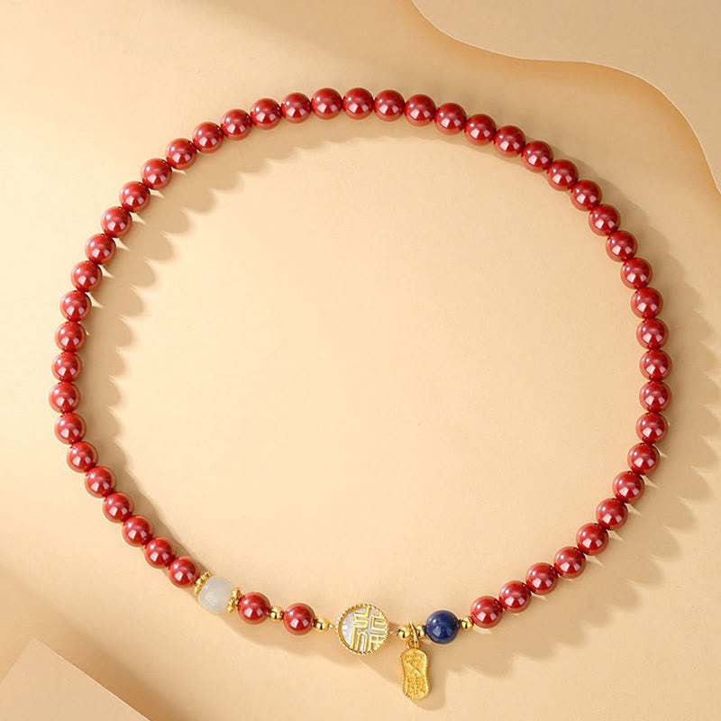 925 Sterling Silver Cinnabar Tridacna Stone Fu Character Double Wrap Blessing Bracelet