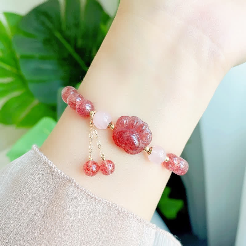 Handmade Rose & Strawberry Quartz Crystal Cat Paw Beaded Bracelet