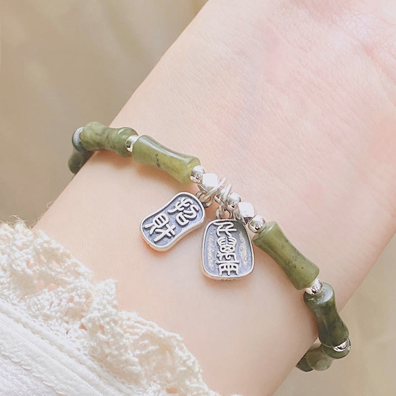 925 Sterling Silver Bamboo Jade Lucky Cat Fu Character Luck Abundance Bracelet