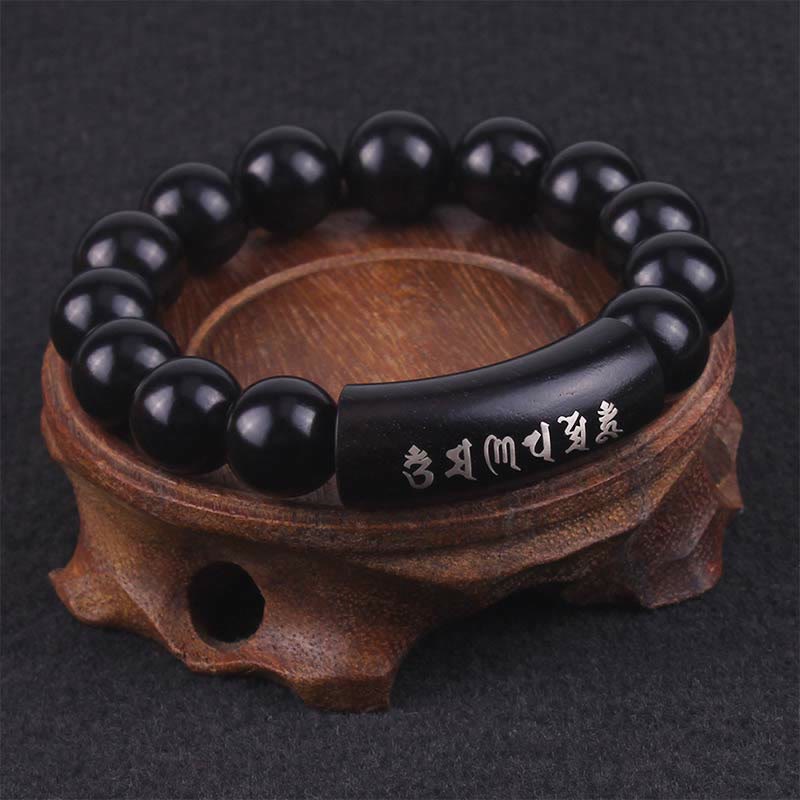 999 Fine Silver & Ebony Wood Om Mani Padme Hum Mantra Beaded Bracelet